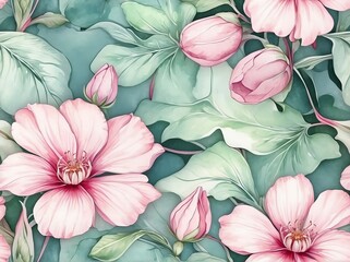 Pastel pink flowers light watercolor design background in seamless repeating pattern from Generative AI
