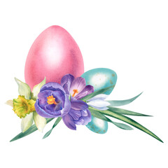 A pink Easter egg with crocuses, daffodils and snowdrops. The watercolor illustration is spring. Hand-painted. Clipart, template, for printing postcards.