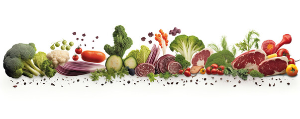 Culinary border with vegetables and raw meat arranged in a line. Design elements on a white background.