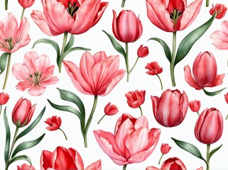 Obraz premium Pastel red tulips light watercolor design background in seamless repeating pattern from Generative AI