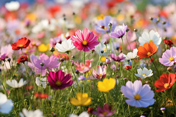 Spring meadow with multi-colored forest flowers. Vibrant colours, blooming flowers.