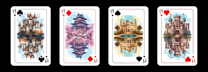 A set of card aces of different suits depicting castles from different cultures isolated on a black. AI generated