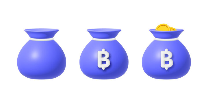 3d money bag with gold coins and bitcoin or thai baht sign isolated on transparent background. Business and finance concept design element. Render illustration PNG.