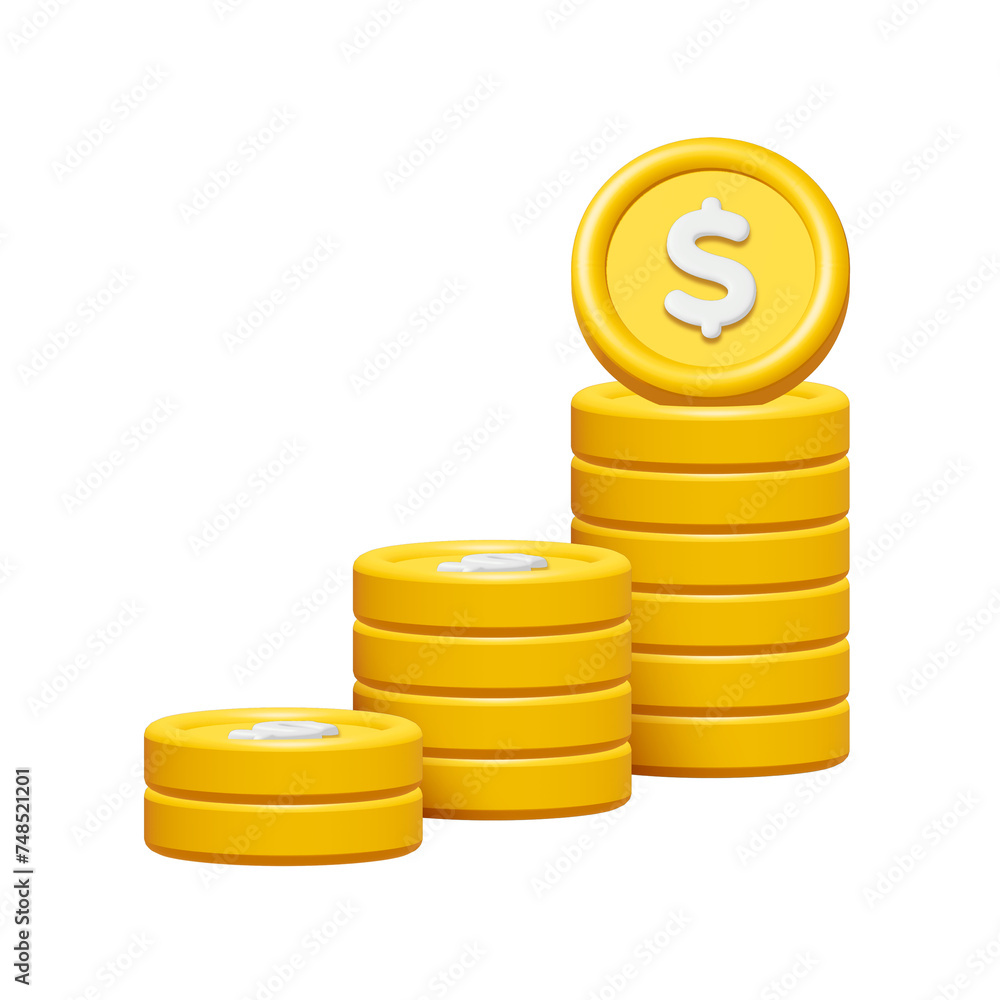 Wall mural 3d stack of gold coins with dollar sign isolated on transparent background. Business and finance concept design element. Render illustration PNG.