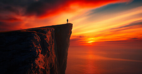 A lone figure stands atop a windswept cliff, silhouetted against a fiery sunset High-resolution photography