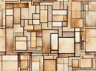 Abstract light pastel brown watercolor rectangles and squares painting design background in seamless repeating pattern from Generative AI