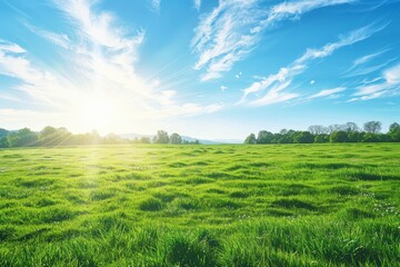 Fototapeta premium tranquil scene of a lush green field under a clear blue sky, bathed in the warm glow of the sun
