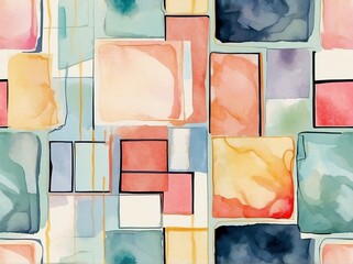 Abstract light pastel colorful watercolor rectangles and squares painting design background in seamless repeating pattern from Generative AI
