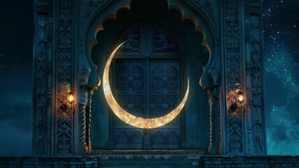 Ramadan Kareem background.Mosque window with shiny crescent moon - generative ai
