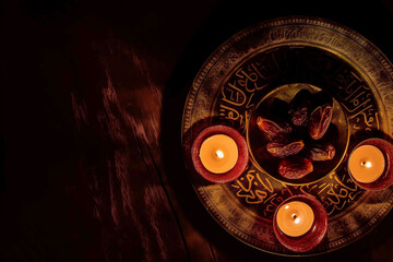 Shot of top view of a plate with dates and Arabic script, lit by candlelight. 