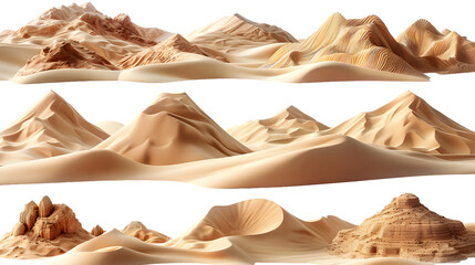Sandy Dunes Terrain Set: Various Shapes and Sizes of Sand Hills, Ideal for Creating Diverse Desert Landscapes or Racing Tracks in a Game - Isolated on Transparent PNG Background