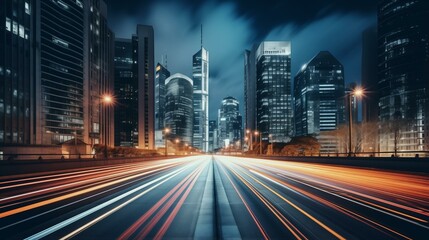 Fototapeta na wymiar Futuristic Cityscape at Night with Dynamic Traffic Light Trails