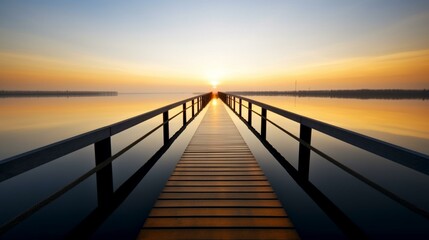Fototapeta na wymiar Serene Sunrise at a Tranquil Lake with Wooden Jetty Leading to the Horizon