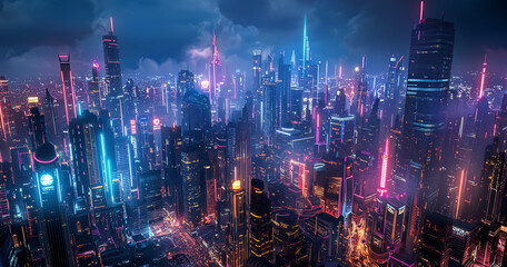 A sprawling metropolis at night, illuminated by the neon glow of futuristic skyscrapers, with sleek hovercars zooming through the air and drones zipping around delivering packages