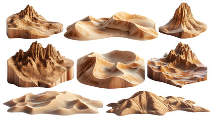 Sandy Dunes Terrain Set: Various Shapes and Sizes of Sand Hills, Ideal for Crafting Diverse Desert Landscapes or Racing Tracks in Games - Isolated on Transparent PNG Background