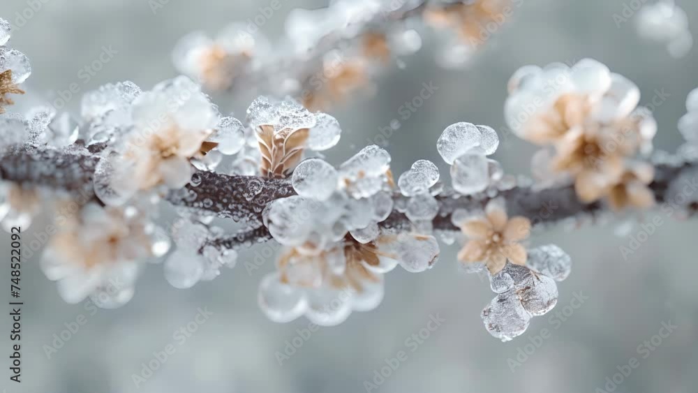 Poster closeup of a crystalizing frost texture on a tree branch creating a stunning contrast against the da