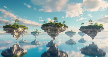 A surreal landscape of floating islands, each one a perfect hexagon, suspended in a serene azure sky, connected by shimmering bridges of light High-resolution photography