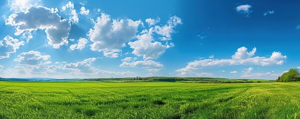 View of vast green fields with a blue sky and bright sun during the day.