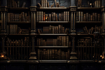 A black bookcase in a dark room and dim light.
