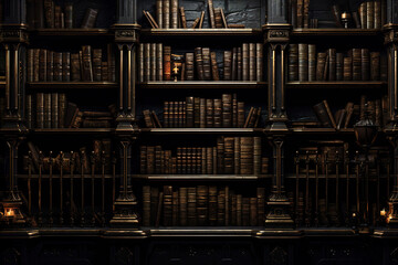Obraz premium A black bookcase in a dark room and dim light.