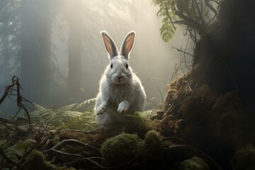 Vulnerable Rabbit appearing lost in nature. Colorful nature fauna easter bunny. Generate Ai - obrazy, fototapety, plakaty