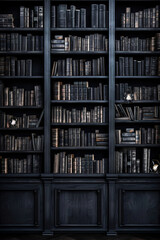 A black bookcase in a dark room and dim light.