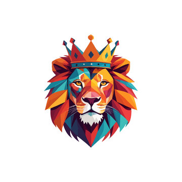 Creative colorful geometric lion with crown illustration vector artwork for t shirt or digital logo. editable vector colorful lion artwork