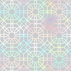 Holographic abstract geometric seamless pattern. Vector shiny gradient oriental ornament on grey background. Arabic style traditional texture for backgrounds, wallpapers, decoration