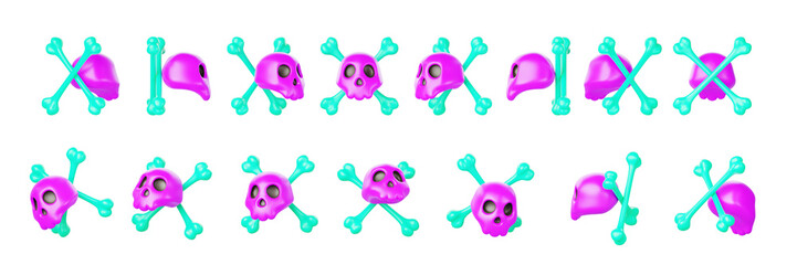 3d purple skull with green crossbones rotation render. Warning danger sign, pirate symbol animation with sequence rotating element set. Cartoon isolated game ui or halloween icons. 3D illustration