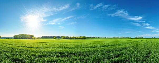 View of vast green fields with a blue sky and bright sun during the day.