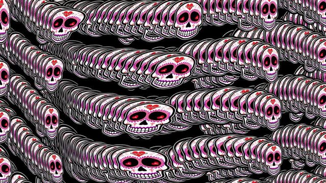 Seamless background with Mexican sugar skulls with echo effect. Halloween vector style animation with catrina illustrations 