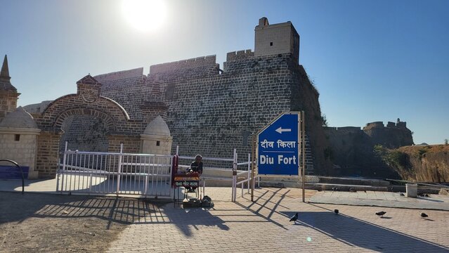 Diu, Dadra and Nagar Haveli and Daman and Diu India - Feb 23 2024: Diu fort - Built in the 16th century by the Portuguese, this sandstone fort features a lighthouse and 3 churches.