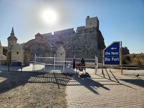 Diu, Dadra and Nagar Haveli and Daman and Diu India - Feb 23 2024: Diu fort - Built in the 16th century by the Portuguese, this sandstone fort features a lighthouse and 3 churches.
