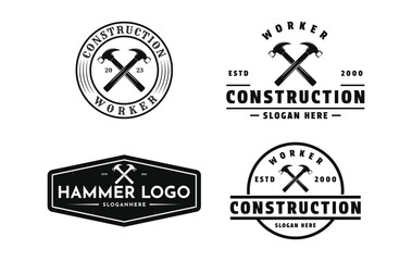 set of construction worker tool logo design vintage retro label and badge