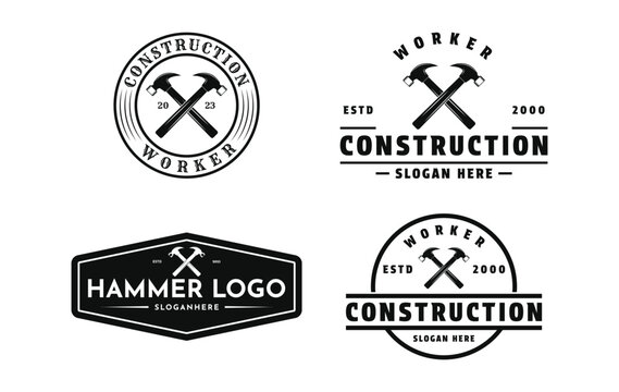 set of construction worker tool logo design vintage retro label and badge