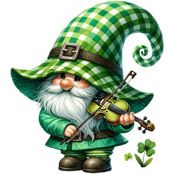 cute watercolor St.Patrick Gnome in green gingham costume