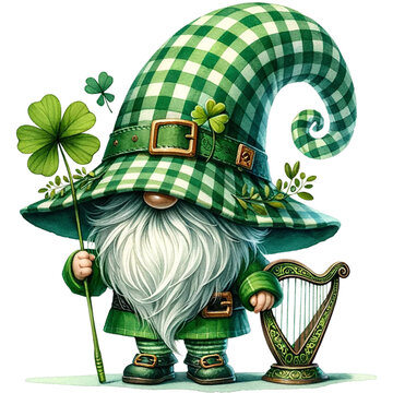 cute watercolor St.Patrick Gnome in green gingham costume