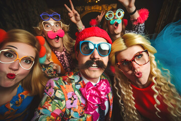 Fototapeta premium A group of young people take a picture at a party wearing fake mustaches, lips, big funny glasses. A colorful party with confetti and lots of balloons. Funny costumes.