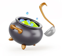 Witch or wizard cauldron with boiling magic potion, poison and ladle 3d render icon. Boiler with green liquid and water bubbles, pot with fantasy elixir brew. Magic or halloween stuff. 3D illustration
