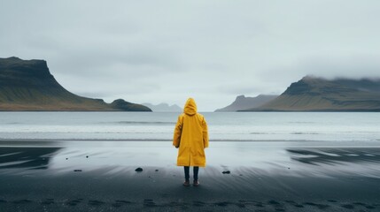 Rear View A traveler Wearing a yellow Long raincoat looks at the wonderful Icelandic nature standing on the seashore in Foggy Cloudy Weather. Horizontal Banner, Travel, Lifestyle.