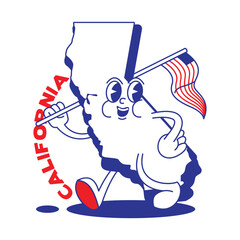 California State retro mascot with hand and foot clip art. USA Map Retro cartoon stickers with funny comic characters and gloved hands. Vector template for website, design, cover, infographics.