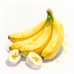 banana,close up,watercolor style,burst of juice feel,water droplet,realism,white background