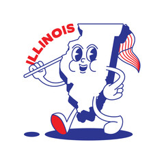 Illinois State retro mascot with hand and foot clip art. USA Map Retro cartoon stickers with funny comic characters and gloved hands. Vector template for website, design, cover, infographics.