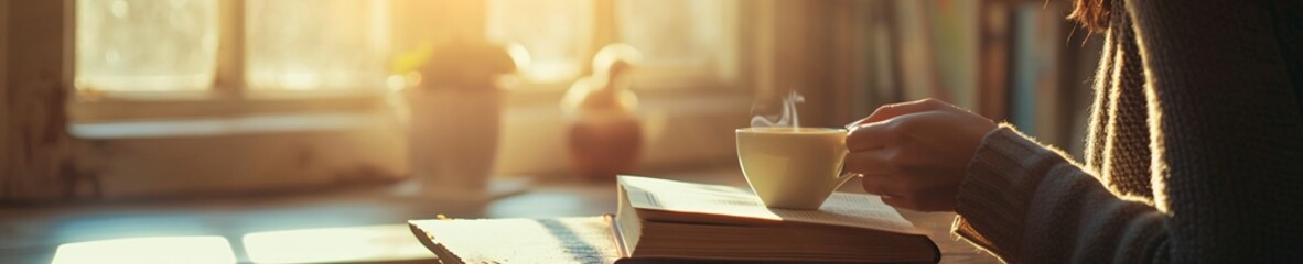 A person sits at a table, holding a mug of coffee in one hand and an open book in the other. The person is looking out a window at a sunny day. The window is framed by white curtains. - Powered by Adobe