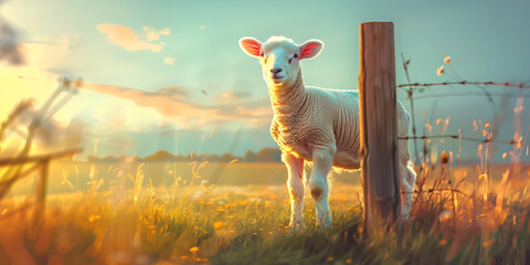 A sheep stands in front of a piece of meat with birds flying in the background. - obrazy, fototapety, plakaty