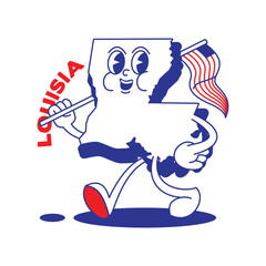 Louisia State retro mascot with hand and foot clip art. USA Map Retro cartoon stickers with funny comic characters and gloved hands. Vector template for website, design, cover, infographics.