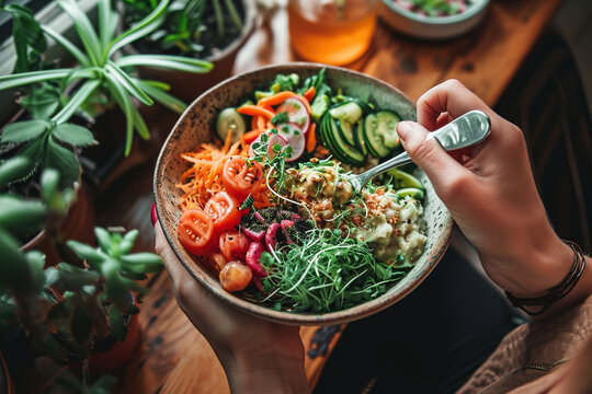 Hands Hold A Bowl With A Variety Of Colorful Chopped Vegetables. Healthy Raw Food With Nuts And Vegetables. View From Above.