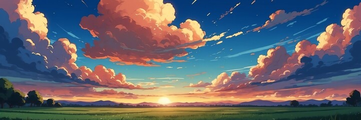 Wide angle animation anime panoramic landscape of beach in summer sunset from Generative AI