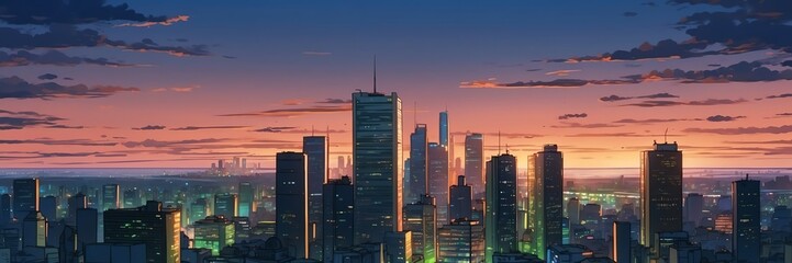 Wide angle animation anime panoramic landscape of city skyline in evening from Generative AI - obrazy, fototapety, plakaty