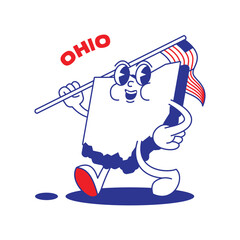 Ohio State retro mascot with hand and foot clip art. USA Map Retro cartoon stickers with funny comic characters and gloved hands. Vector template for website, design, cover, infographics.